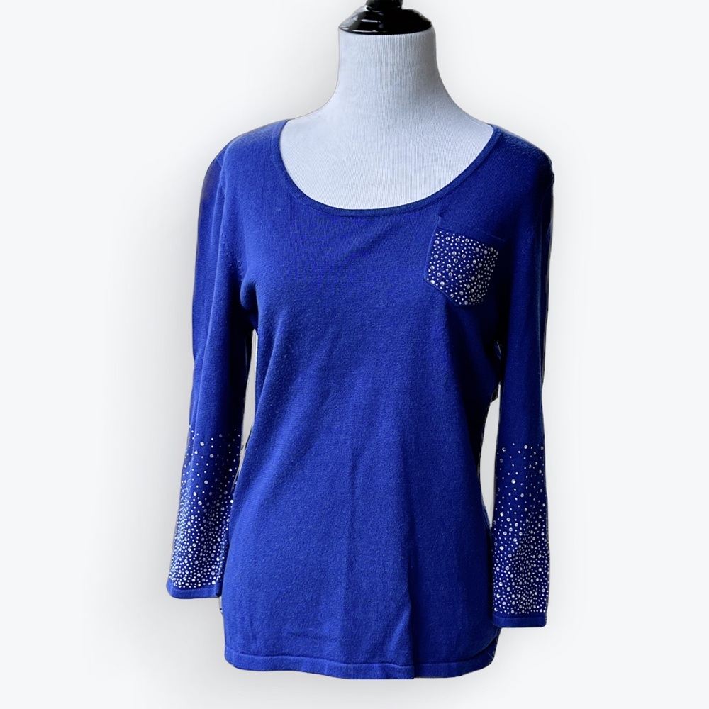 Elevated Festive Embellished Cobalt Blue 3/4 Sleeve Sweater by Peter Nygård ~ M